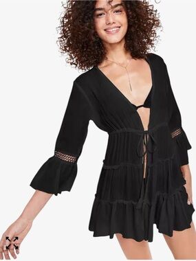 Raviya Tie Front Eyelet Bell Flare Sleeve Swim Cover Up S Boho Whimsigoth Resort